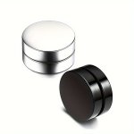2PCS Fashion Black Silvery Color Round Magnetic Stud Earrings Punk Fake Earrings For Men