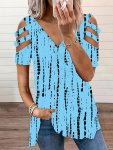 Color Block V Neck Loose T-Shirt Casual Short Sleeve Cut Out T-Shirt For Summer Women's Clothing