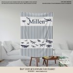 Fleece Blanket Navy Stripe With Airplane