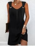 Solid Color Ring Detail Tank Dress Elegant Sleeveless V-neck Dress Women's Clothing