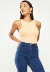 Missguided Petite Ribbed Racer Neck Bodysuit - Sand