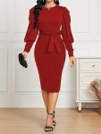Belted Bodycon Crew Neck Dress Elegant Long Sleeve Dress For Spring & Fall Women's Clothing