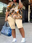 Plus Size Casual Outfits Two Piece Set Women's Plus Colorblock Geometric Print One Shoulder Short Sleeve Top & Shorts Outfits 2