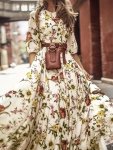 Floral Print Crew Neck Dress Elegant Half Sleeve Maxi Swing Dress For Spring & Summer Women's Clothing