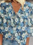 Plus Size Floral Print T-Shirt Casual V Neck Top For Spring Women's Plus Size Clothing