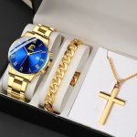 3PCS SET Casual Mens Fashion Stainless Steel Quartz Watch & Bracelet & Necklace Gifts For Men