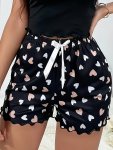 Women's Casual Heart Print Pajama Shorts With Bow Detail - Polyester Knit Fabric Sleepwear Bottoms Stretchy Elastane Blend Year-