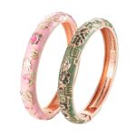 Ujoy Gorgeous Bracelets Enameled Floral Cloisonne Gift Gold Plated Cuff Bangles Jewelry Sets Box For Women 55A18-55A114 Pink Gre