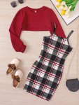 Trendy Girl's 2PCS Plaid Pattern Sundress & Crop Sweatshirt Set Casual Outfits Kids Clothes For Spring Autumn