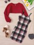 Trendy Girl's 2pcs Plaid Pattern Sundress & Crop Sweatshirt Set Casual Outfits Kids Clothes For Spring Autumn