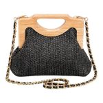 Misppro Women's Shoulder Bag With Wooden Handle - Woven Tote Crossbody Purse For Beach Travel Shopping Evening Outfit Black