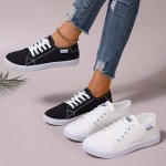 Women's White Canvas Shoes Simple Design Low Top Flat Sneakers Casual Lightweight Walking Skate Shoes