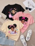 Girls 3PCS SET Cute Cartoon Girl Graphic Print Short Sleeve Tees For Spring & Summer