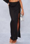 Black Sheer Soft Rib Lace Up Thigh Split Midaxi Skirt - Black