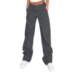 Cargo Pants Women High Waisted Baggy Casual Pants With Pockets Straight Wide Leg Trousers Y2K Pants Dark Grey