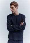 Relaxed Fit Textured Long-sleeved Top - Navy Blue