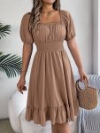 Solid Puff Sleeve Square Neck Waist Dress Elegant Ruched Bust Ruffle Hem Dress Women's Clothing Wedding Graduation Engagement Oc