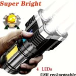 1PC LED Flashlight Powerful 4 LED Flashlight With Cob Side Light 4 Modes USB Rechargeable LED Torch Built In Battery Flashlight