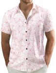 Jogal Men's Flower Casual Short Sleeve Aloha Hawaiian Shirt White Red Line Medium
