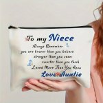 Inspirational Canvas Makeup Bag For Niece From Auntie "braver Stronger Smarter" Quote Zippered Toiletry Pouch Graduation birthda