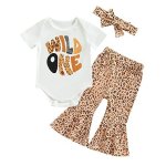 Chaukareaul Baby Girl 1ST Birthday Outfit Wild One First Birthday Short Sleeve Romper Bodysuit Leopard Print Bell Bottom Pant Be