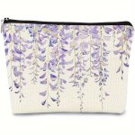 Chic Watercolor Lavender Linen Cosmetic Bag - Versatile Makeup Pouch With Zipper Ideal For Toiletries & Coins - Perfect Gift For