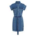 Short-sleeved Belted Denim Dress -mid Blue Stone