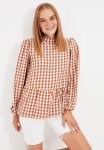 Balloon Sleeve Blouse - Camel & White