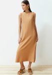Straight Cut Sleeveless Piping Detailed Maxi Woven Dress - Camel