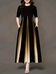 Colorblock With Pocket A-line Dress Elegant Crew Neck Short Sleeve Dress For Spring & Summer Women's Clothing
