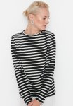 Striped Crew Neck Knitted T-Shirt - Black