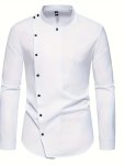 Solid Color Men's Irregular Buttons Long Sleeve Stand Collar Shirt Spring Fall Men's Novelty Blouse