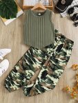 2PCS Comfy Ribbed Tank Top + Camouflage Pants Girls Outfit 1 Set - Ideal For Summer & Casual Outings