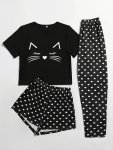Women's Cat & Heart Print Casual Pajama Set Short Sleeve Round Neck Top & Shorts & Pants Comfortable Relaxed Fit