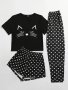 Women's Cat & Heart Print Casual Pajama Set Short Sleeve Round Neck Top & Shorts & Pants Comfortable Relaxed Fit