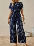 Polka Dot Print Crew Neck Jumpsuit Elegant Short Sleeve Jumpsuit For Spring & Summer Women's Clothing