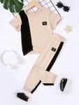 2PCS Boys Casual Color Block Label Patched Short Sleeve T-Shirt & Pants Set Comfy Boys Clothes