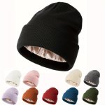 Casual Soft Satin Lined Beanie Simple Solid Color Elastic Knit Hats Lightweight Cuffed Beanies Winter Warm Skull Cap For Women &