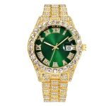 Men's Diamond Green Gold Watch Fashion Crystal Rhinestone Quartz