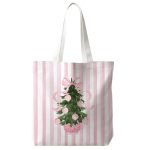 Jinyo Pink Chinoiserie Christmas Tree Tote Bag Grandmillennial Christmas Canvas Tote Bag Gifts For Women Preppy Pink Striped Xma