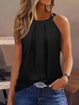 Solid Pleated Halter Neck Top Versatile Sleeveless Simple Halter Blouse For Summer Women's Clothing