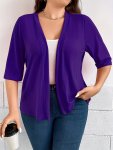 Plus Size Open Front Cardigans Casual Solid Half Sleeve Knit Cardigans Top For Winter & Fall Women's Plus Size Clothing