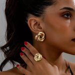 Chic Geometric Spiral Dangle Earrings & Ring Set - Vintage-inspired Bold Statement Jewelry For Women Perfect For Casual Attire