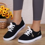 Women's Breathable Canvas Sneakers With Golden Embroidery - Lightweight Comfortable Flats For All Seasons