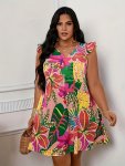 Plus Size Floral Print Cap Sleeve Dress Elegant V Neck Cinched Waist Peplum A-line Knee Length Dress For Spring & Summer Women's