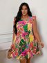 Plus Size Floral Print Cap Sleeve Dress Elegant V Neck Cinched Waist Peplum A-line Knee Length Dress For Spring & Summer Women's Plus Size Clothing