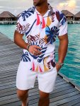 Men's Outfit Casual Leaves Graphic Print Lapel Short Sleeve Button Up Shirt & Shorts 2-PIECE Set For Summer Outdoor Activities