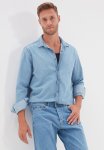 Button Down Long Sleeve Denim Shirt - Blue