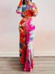Casual Tie Dye Two-piece Set Long Sleeve Crop Top & Drawstring Wide Leg Pants Outfits Women's Clothing