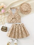 3-PIECE Set Sweet Bows Print Lapel Sleeveless Vest + Short Skirt + Hat - Spring Summer Clothes Girls Outfit Gift